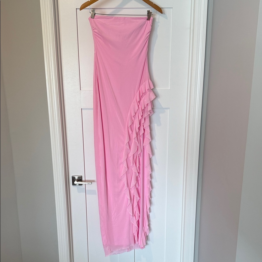 Mesh Strapless Triple Ruffle Maxi Dress in Pink